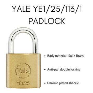 Show details for Yale YE1/25/113/1, Essential Series Indoor Brass Padlock 25mm, YE1251131 Picture of Yale YE1/25/113/1, Essential Series Indoor Brass Padlock 25mm, YE1251131