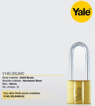 Show details for Yale V140.30 LS40 KA2, Long Shackle Brass Padlocks 140 Series Key Alike 2, V14030LS40 Picture of Yale V140.30 LS40 KA2, Long Shackle Brass Padlocks 140 Series Key Alike 2, V14030LS40