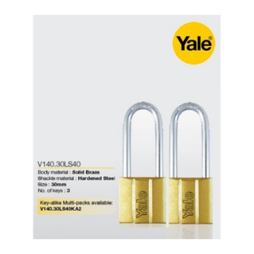 Show details for Yale V140.30 LS40 KA2, Long Shackle Brass Padlocks 140 Series Key Alike 2, V14030LS40 Picture of Yale V140.30 LS40 KA2, Long Shackle Brass Padlocks 140 Series Key Alike 2, V14030LS40