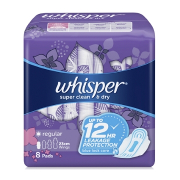 Show details for Whisper Super Clean & Dry Regular Flow Sanitary Napkin with Wings,  WHI118 Picture of Whisper Super Clean & Dry Regular Flow Sanitary Napkin with Wings,  WHI118
