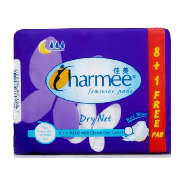 Show details for Charmee Dry Net Sanitary Napkin for Heavy Flow or Night Use  with Wings 8 + 1 Pad, CHA117A Picture of Charmee Dry Net Sanitary Napkin for Heavy Flow or Night Use  with Wings 8 + 1 Pad, CHA117A