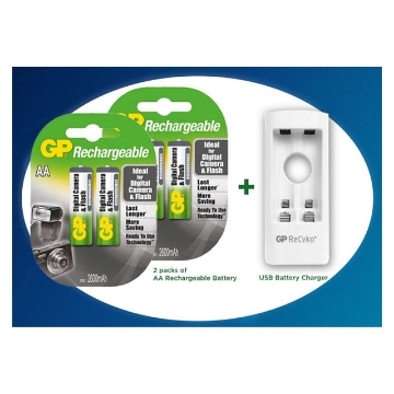 Show details for GP 2 Packs of AA Rechargeable Battery and USB Battery Charger, GPBATCHAR0521 Picture of GP 2 Packs of AA Rechargeable Battery and USB Battery Charger, GPBATCHAR0521