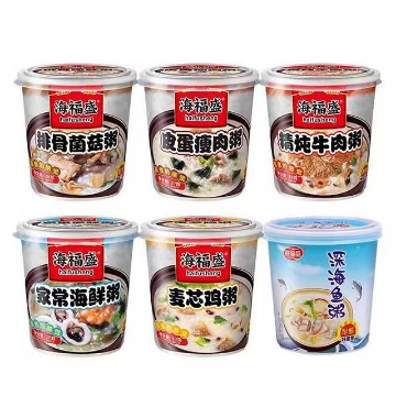 Show details for Haifusheng porridge,flavor(Homemade seafood porridge, stewed beef porridge, ribs and mushroom porridge, preserved egg and lean meat porridge, deep-sea fish porridge, wheat core chicken porridge) 38g,1 barrel, 1*24 barrel Picture of Haifusheng porridge,flavor(Homemade seafood porridge, stewed beef porridge, ribs and mushroom porridge, preserved egg and lean meat porridge, deep-sea fish porridge, wheat core chicken porridge) 38g,1 barrel, 1*24 barrel